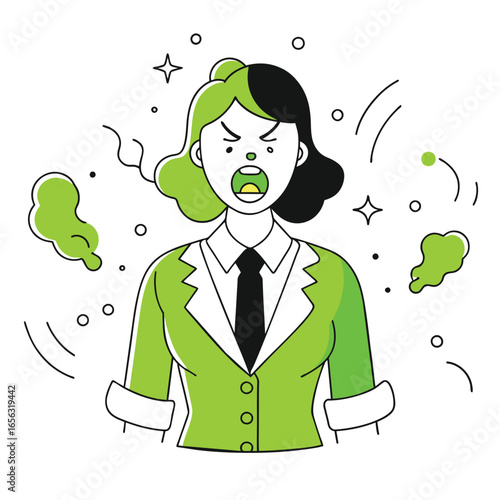 Annoyed young woman in a lime green business suit, angrily exhaling green fumes in an office setting. Female professional expressing displeasure in a modern workplace -
