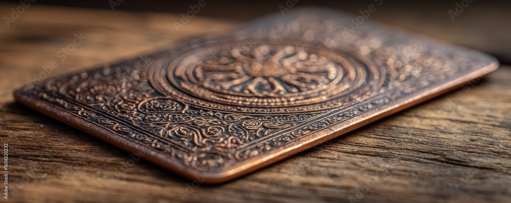 Obraz premium Ornate copper metal plate, detailed design, resting on wooden surface