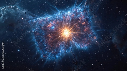 Stunning explosion of a supernova with brilliant bursts of light and gas expanding outward marking the end of a stars life in the universe