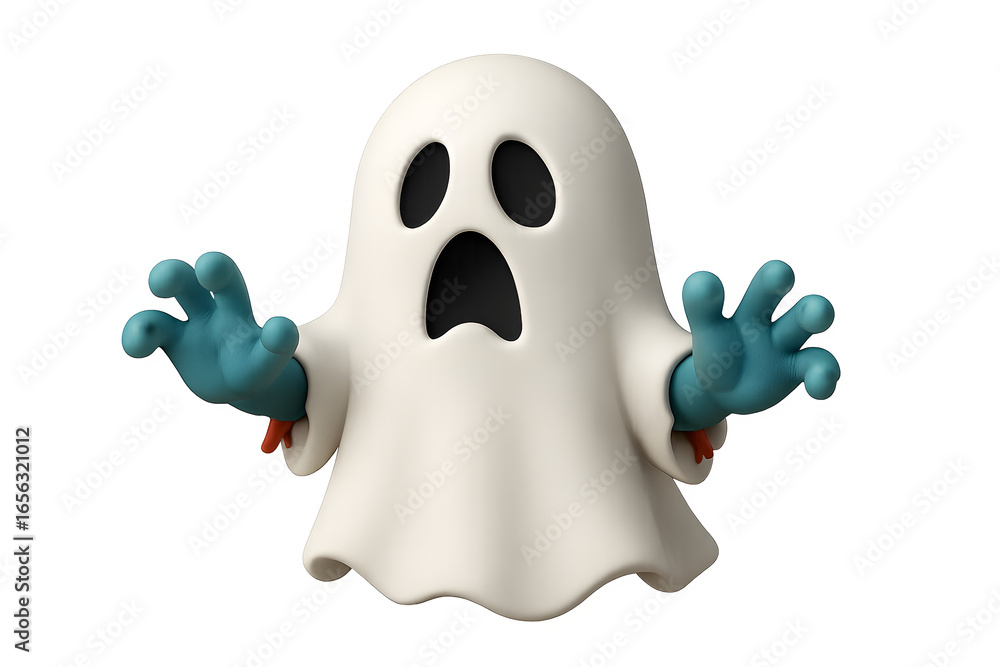 3d render, spooky white ghost character with blue zombie hands, halloween clip art isolated on transparent background 3d render, spooky white ghost character with blue zombie hands, halloween clip art isolated on transparent background