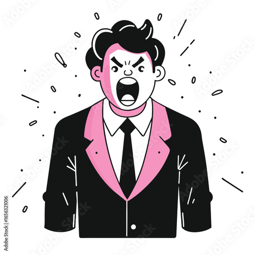 Angry businessman in formal wear shouting in a modern setting. Male executive yelling at a blank space. Corporate professional in a tense posture.