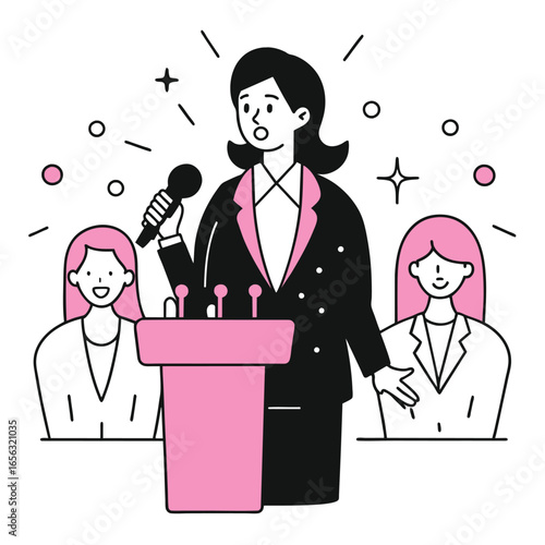 Female executive giving a presentation at a conference; enthusiastic and confident speaker at a podium with attentive listener in the background.