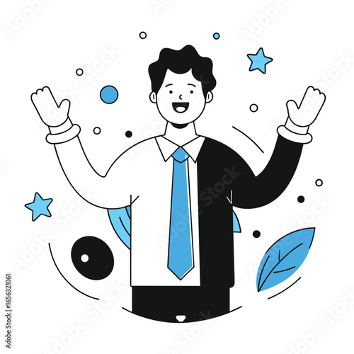 Smiling young adult male in business attire, arms raised in a welcoming gesture, against a backdrop of abstract elements. A positive, approachable executive in an office setting.