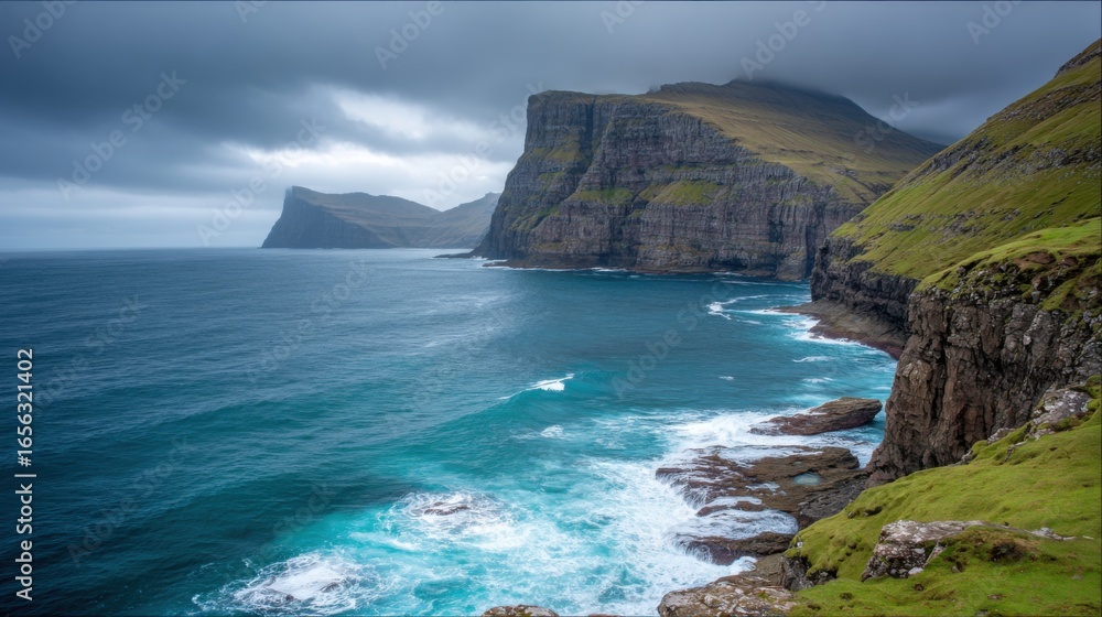 Fototapeta premium dramatic coastal cliffs of Faroe Islands, waves crashing below, stormy sky, cinematic landscape