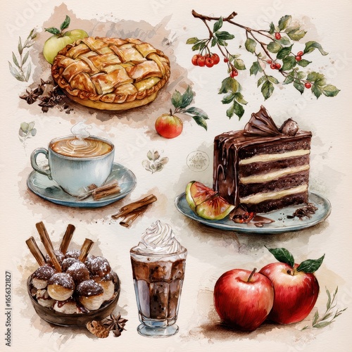 Apple Pie Graphic. Watercolor Autumn Dish with Tree Branch Background