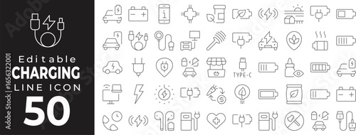 Charging and energy set of web icons in line style. Power linear icons collection. Containing battery, plug, electricity, vehicle, wireless, fuel, hybrid, digital, lightning, eco. Editable stroke