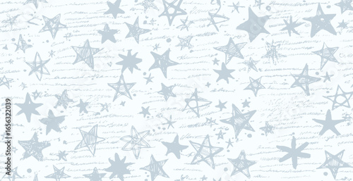 Stars wallpaper with unreadable writings print, vector background in pastel tones