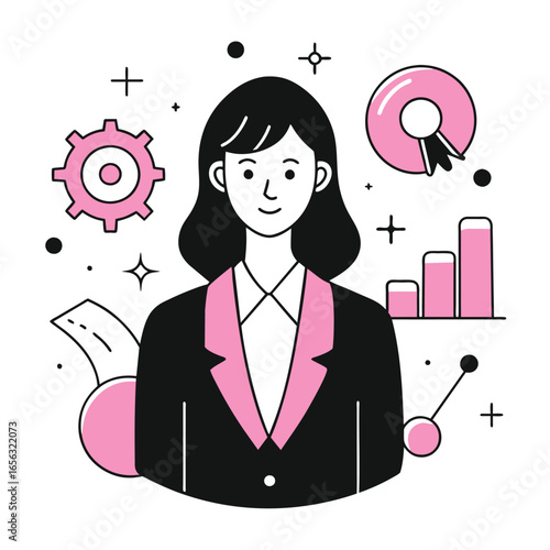 Female executive in business attire standing confidently in an office setting. Professional woman smiling confidently with successful business concepts in background.