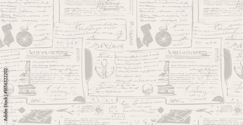 Travel themed old pattern of abstract illegible handwritten text. Vintage grunge bad calligraphy script, notes, book document. Vector illustration of monochrome unreadable handwriting cursive poetry