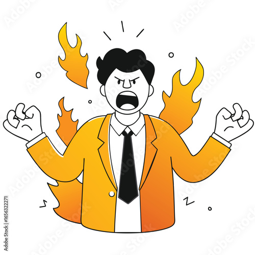 Angry businessman with flames surrounding him in a powerful pose. Businessman in an outburst of anger with flames around him, against a plain white background.