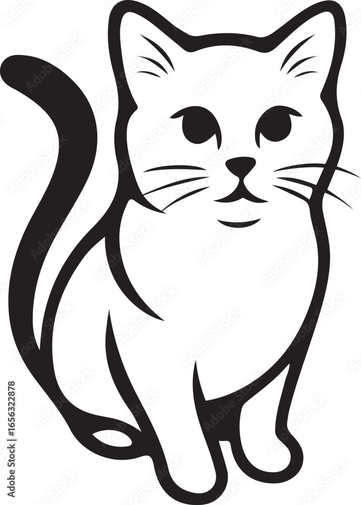 Obraz premium Sitting cat outline black and white kitten, Cute feline silhouette vector illustration