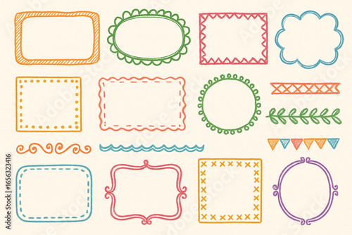 A whimsical assortment of colorful, hand-drawn vector frames and borders in a playful, sketchy style. This diverse collection features various shapes with unique decorative patterns, perfect for scrap
