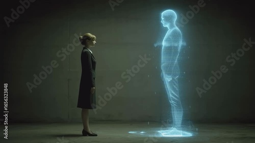 Digital Reflection: A woman stands in quiet contemplation, facing the ethereal projection of a human figure, an intriguing blend of reality and the digital realm.