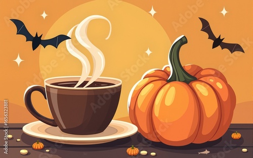 Halloween coffee and pumpkins.  Cute cartoon design. High quality