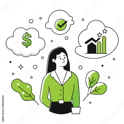 Young woman in professional attire contemplates financial success and growth. Thoughtful businesswoman with aspirations for monetary gain and career advancement in a modern, minimalist setting.
