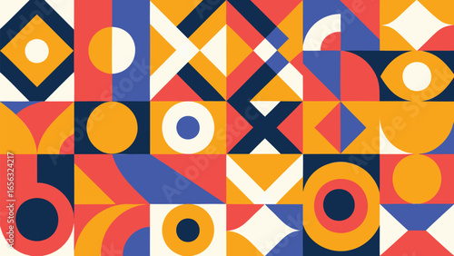 Geometric pattern featuring circles squares triangles and abstract shapes in vibrant colors design art