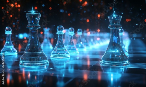 Futuristic AI-driven concept with holographic chess pieces in a dark scene, symbolizing artificial intelligence, optimal strategy, and the merging of human intellect with machine, Generative AI
