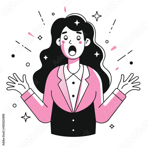 Excited young woman in a pink business suit, expressing astonishment with open arms against a white background.