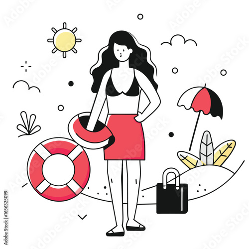 Female beachgoer in swimwear and skirt holding a life preserver at the beach. Relaxed pose, with beach accessories in the background.