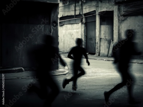 Three blurred figures run down a narrow, dark street lined with aged buildings in a black and white scene.