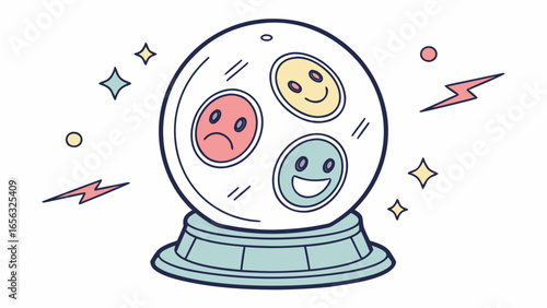 Crystal ball with emotions happy sad and neutral face expression fortune telling magic future mood concept