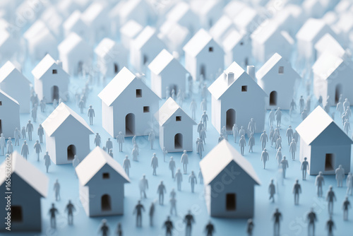 miniature houses with human figures symbolizing community and neighborhood in soft blue lighting and shallow focus