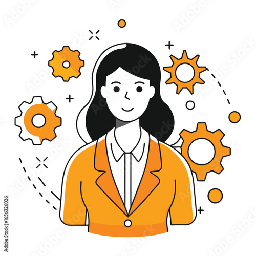 Female professional in a corporate setting, standing confidently with gears in the background. Business woman in an orange blazer and white shirt, focused and successful in a modern office.