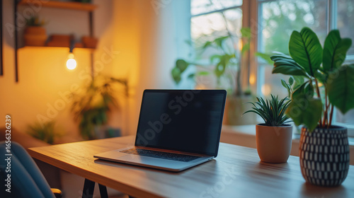 Wallpaper Mural Modern home office workspace with laptop and potted plants near window in cozy evening lighting Torontodigital.ca