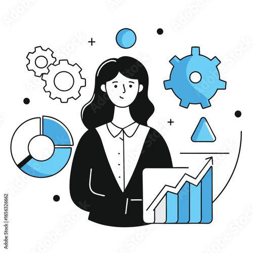 Female professional in business attire standing with data visualization elements.