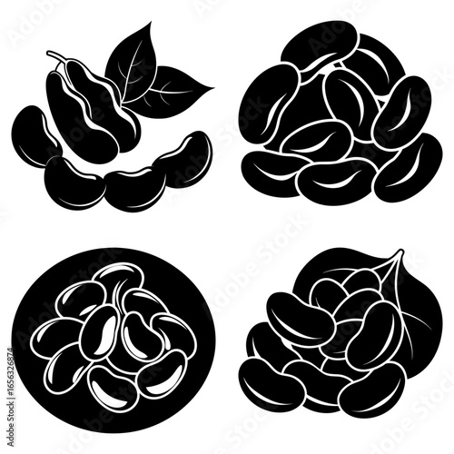 Illustration of black and white bean pods and loose beans in different arrangements on a white background