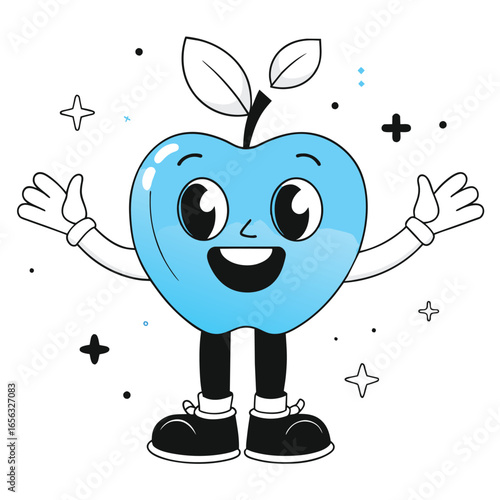 Light blue apple character with exaggerated eyes and a wide smile, wearing black shoes, with arms open wide, on a plain white background.
