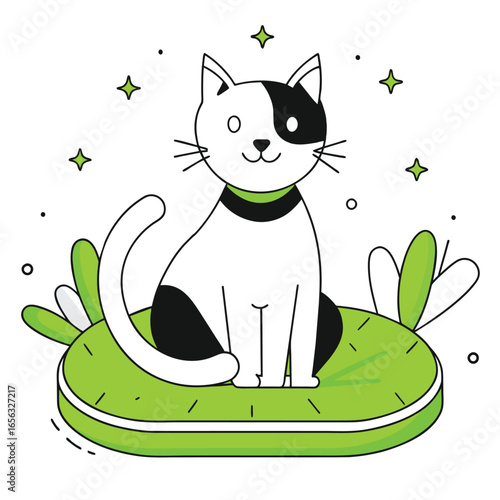 Cartoon cat sitting on a green cushion with playful style. Relaxed pose on a decorative cushion in a whimsical setting.