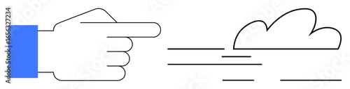 Outlined hand pointing towards fast-moving cloud with dynamic lines. Ideal for speed, progress, direction, decision-making, innovation, movement, leadership simple flat metaphor