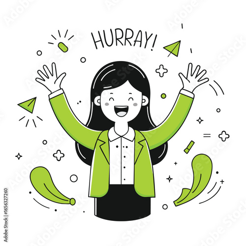 Excited young woman in a lime green blazer, celebrating with arms raised. Joyful female professional in a modern office setting.