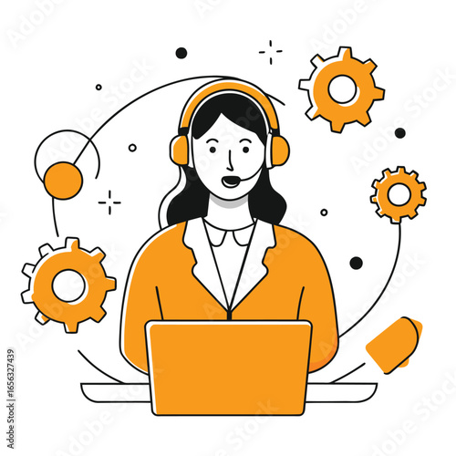 Female customer service representative in a professional orange blazer, wearing headphones and looking at a laptop in a modern office setting. Technical support agent working remotely.
