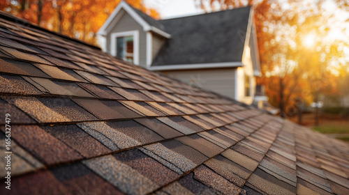 Close-up of brown roof shingles with sunlight and house in the background, showcasing roofing texture and autumn season colors in warm light.
