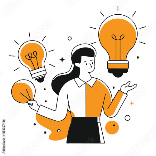 Young woman in business attire holding lightbulb ideas, displaying innovative thinking in a modern setting. Female professional offering solutions in a creative office space -