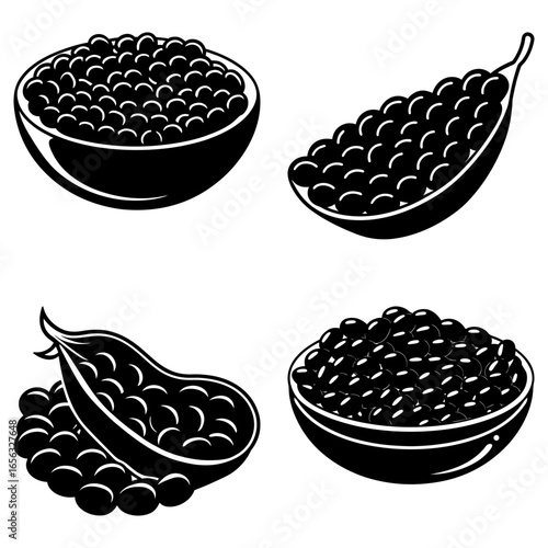 Four black and white illustrations of bowls and pods filled with round dark caviar like objects art