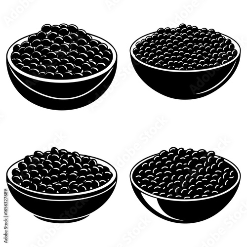 Four bowls filled with black caviar in a monochrome illustration style with a white background