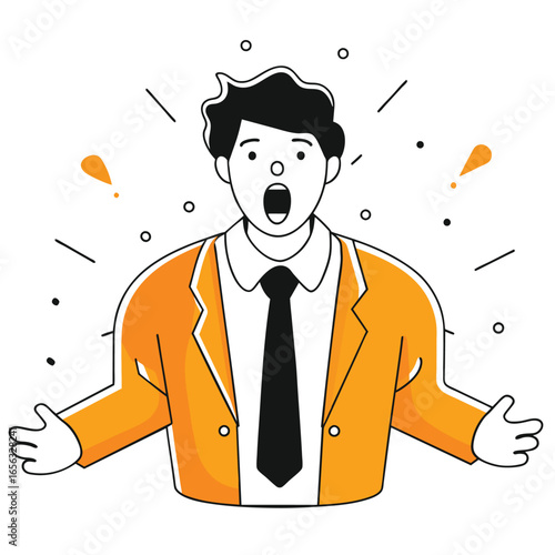 Surprised young man in a bright orange suit, arms outstretched, against a white background. Business professional expressing astonishment in a contemporary setting.