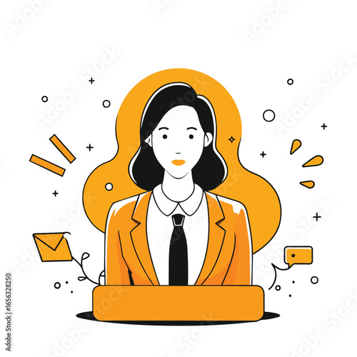 Female professional in business attire addressing an audience in a stylized presentation setting. Asian businesswoman speaking at a podium in a modern corporate setting.