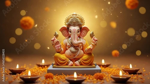 Elegant Lord Ganesha Idol Illuminated by Diyas and Marigolds on a Beige Surface Creating a Warm Spiritual Atmosphere