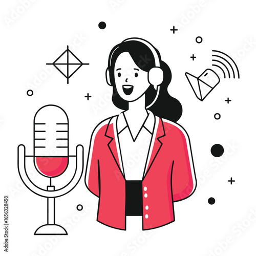Young woman in a red blazer speaking into a microphone. Podcast host in a studio setting.