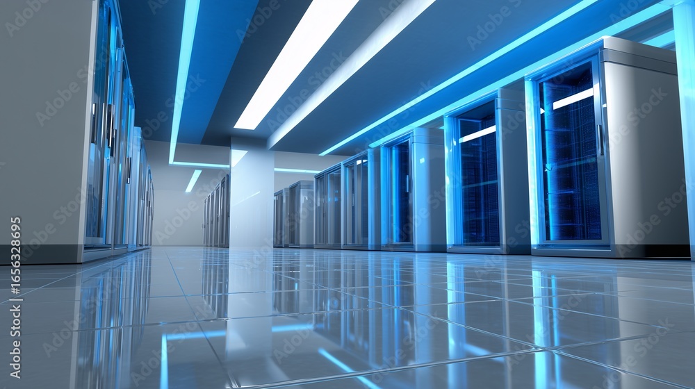 Obraz premium Clean and Modern Server Room With Blue LED Lighting