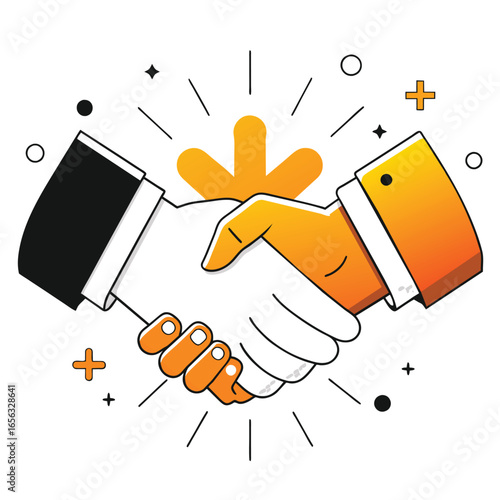 Business professionals shaking hands in a vibrant, modern style. Agreements and partnership in a minimalist corporate setting.