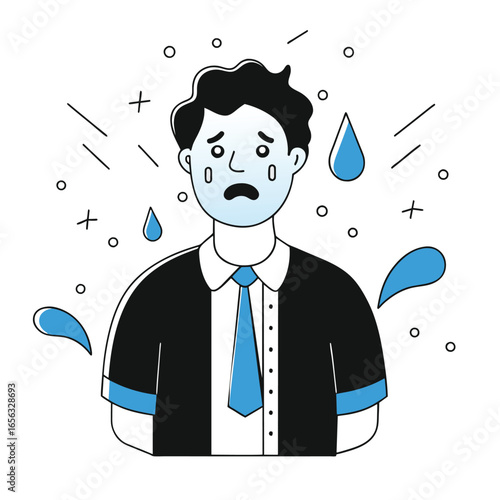 A stressed young adult male in business attire, displaying a weeping expression, amidst a stormy abstract background. Frustrated businessman in a modern office setting.
