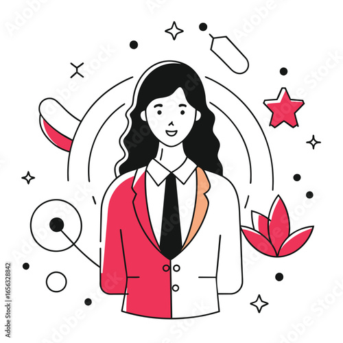 Female professional in business attire, standing in a modern abstract setting. Smiling confidently, representing duality and balance in a corporate environment.