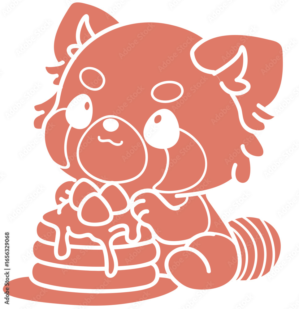 Fototapeta premium Cute Red Panda with pancake pile Illustration, Kawaii Cartoon Animal Celebration Character Isolated on White