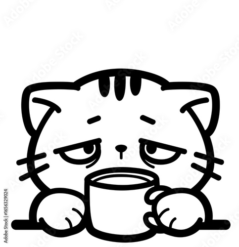 cute tired cat with coffee - layered cut file