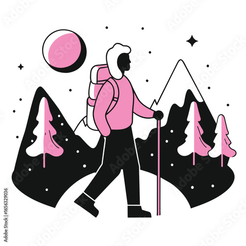 Hiker with winter gear hiking in snowy mountains